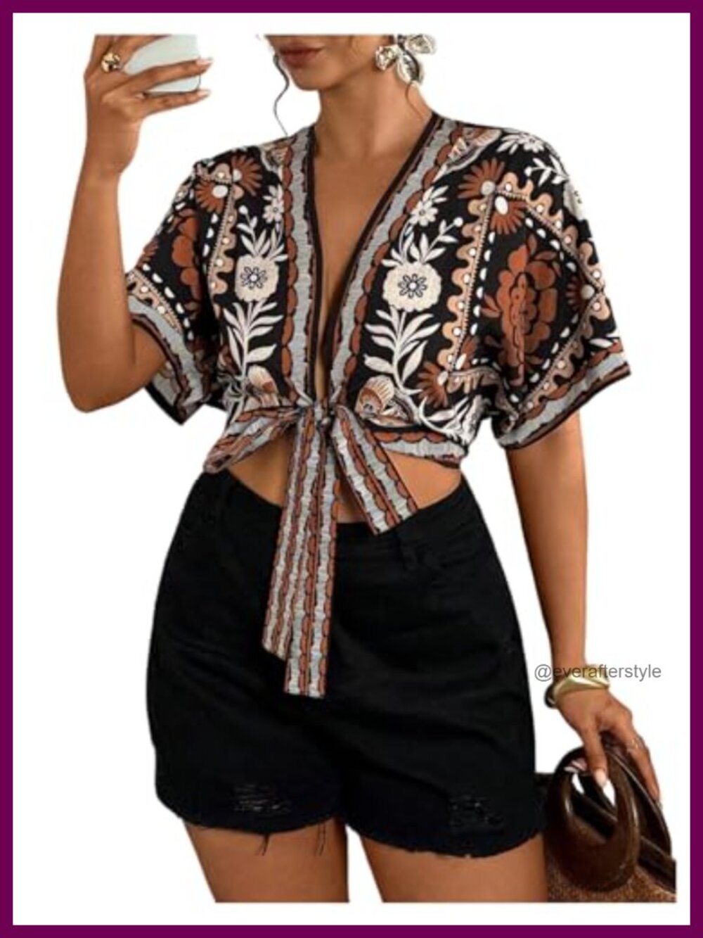 Plus Size Floral Blouse Deep V Neck Boho Crop Top Short Sleeve Tie Front